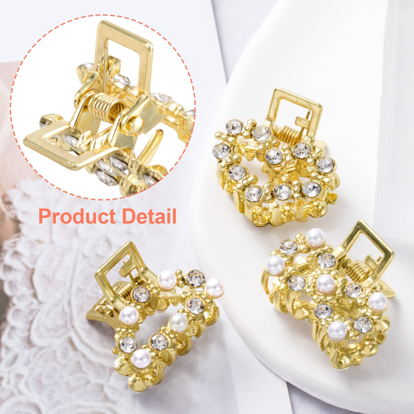 8 PCS Mini Pearl Hair Clips, PAGOW Gold Rhinestone Pearl Metal Claw Clips, Bangs Styling Claw Clips, Faux Pearls Crystal Sparkly Hairpins Hair