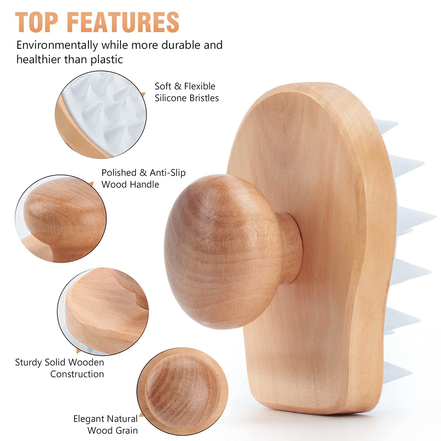 Hangerspace Scalp Massager Shampoo Brush, Wooden Wet and Dry Hair Scalp Care Brush, Shower Brush Scalp Scrubber Exfoliator with Soft Silicone Bristles