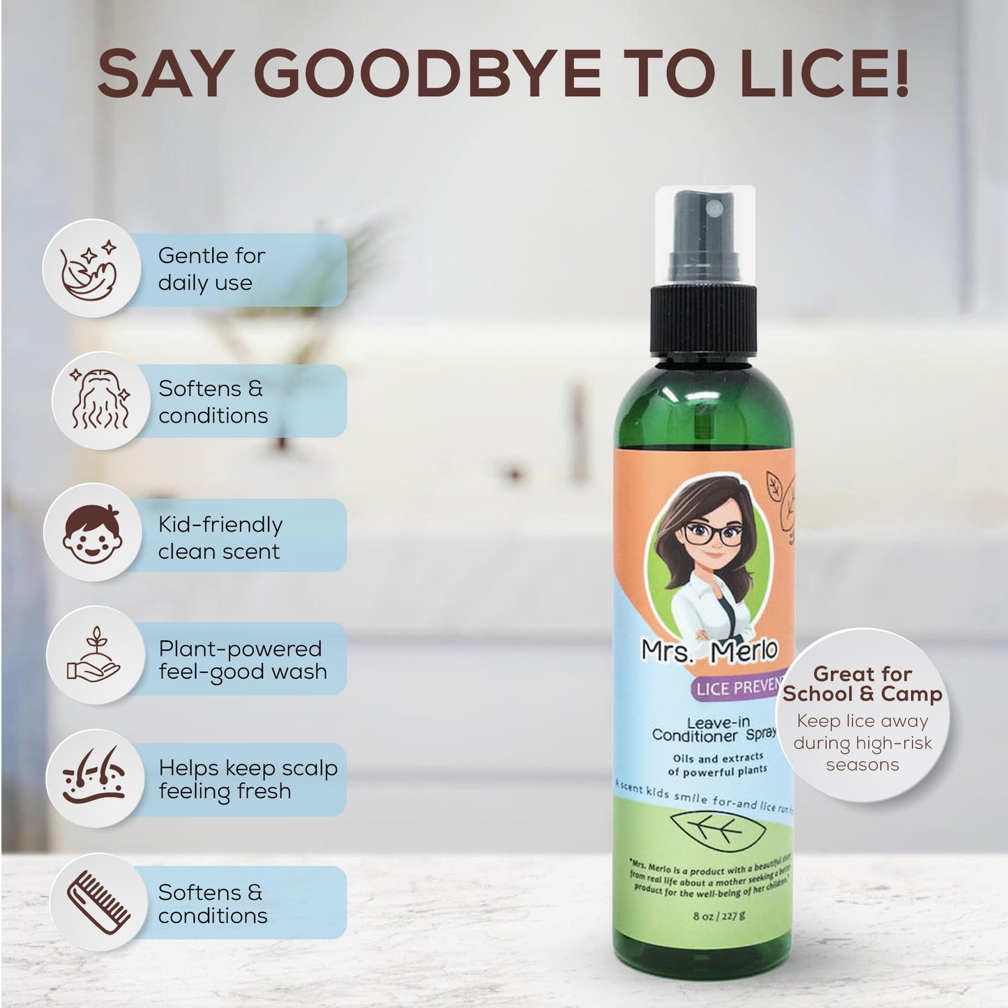 Mrs. Merlo Lice Prevention Leave-In Conditioner Spray for Kids - Natural Daily Detangler with Plant Oils & Extracts - Gentle, Non-Greasy Formula