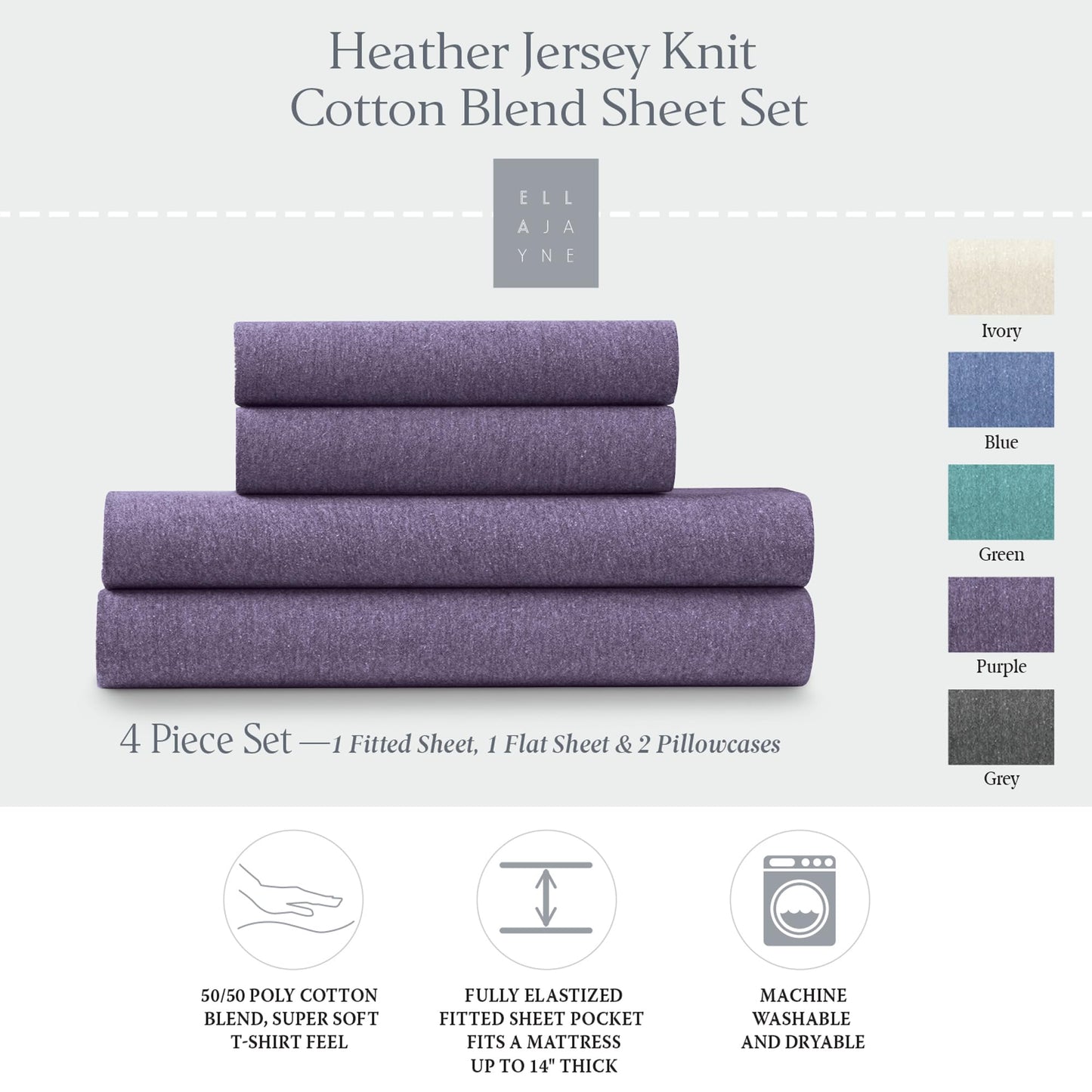 Ella Jayne Purple 4pc Jersey Knit Sheets Set (Twin Size, Deep Pockets)