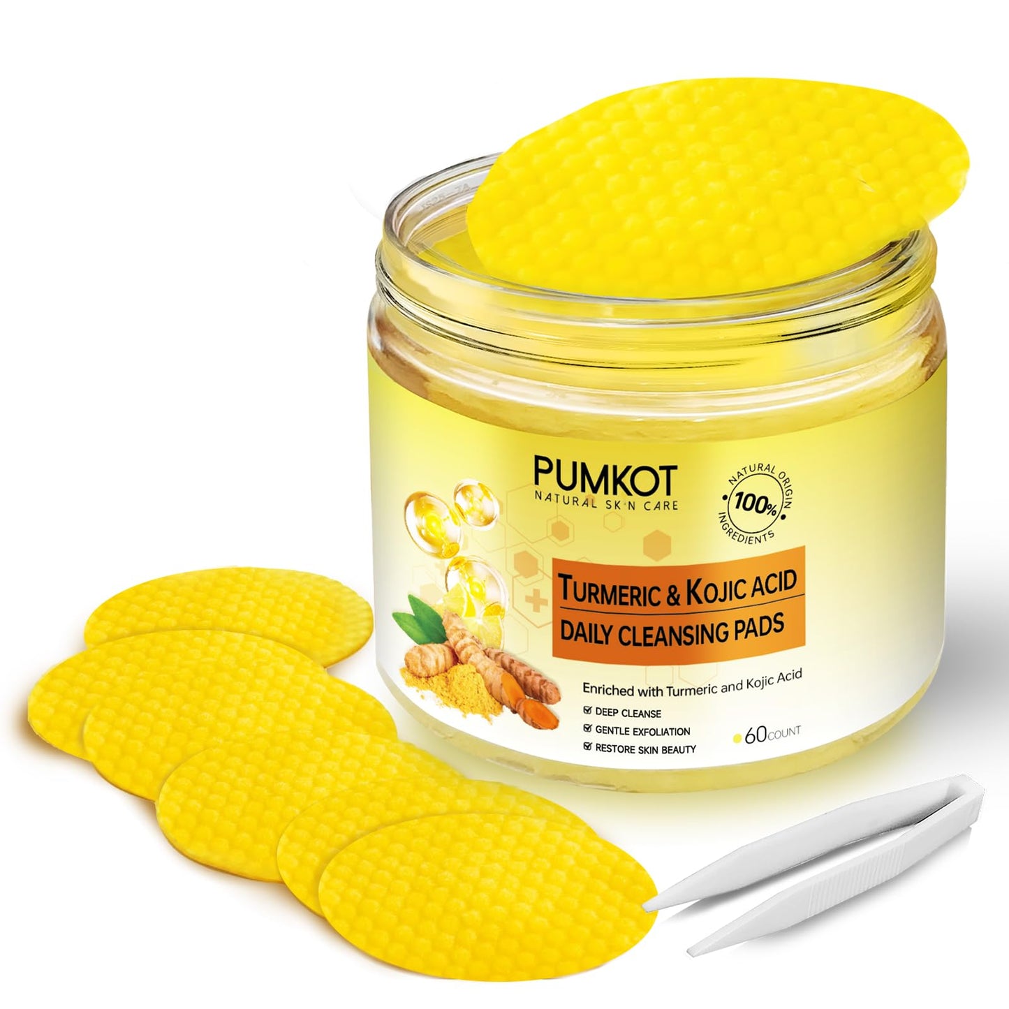 Pumkot Turmeric Kojic Acid Cleansing Pads, Turmeric Face Scrub Pads Enriched with Kojic Acid, 60PCS