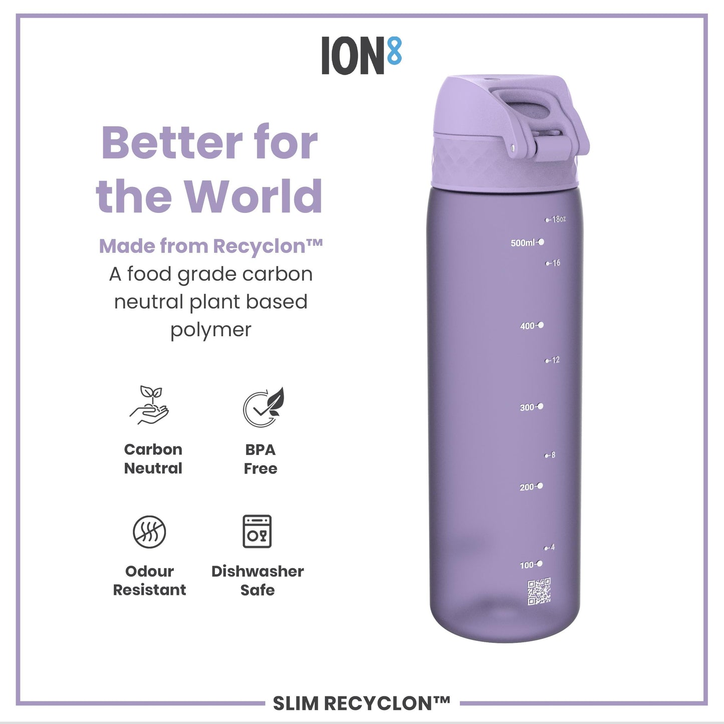 Ion8 Water Bottle, 500 ml/18 oz, Leak Proof, Easy to Open, Secure Lock, Dishwasher Safe, BPA Free, Flip Cover, Carry Handle, Fits Cup Holders, Easy