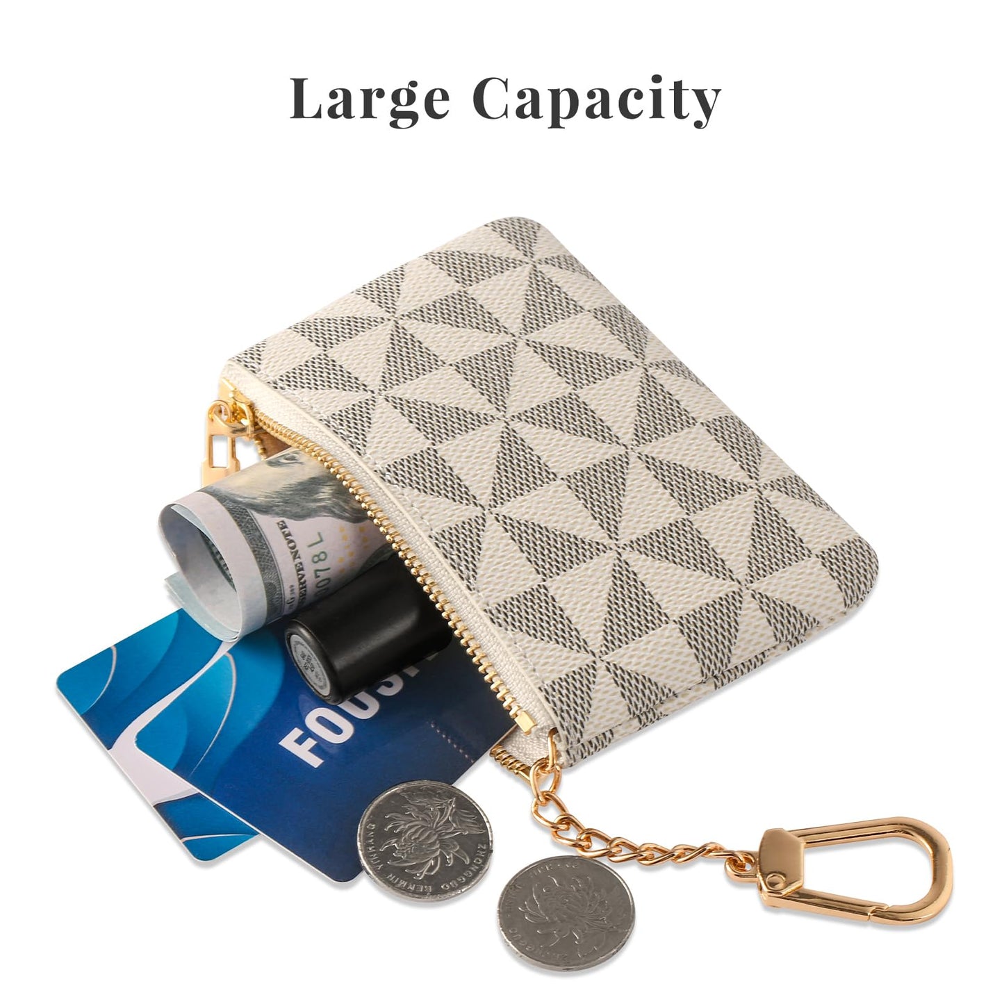 FOUSIVOU Leather Coin Purse for Women with KeyChain Small Zipper Change Purse coin Pouch Card Holder Wallet Clutch for Women & Men (White)