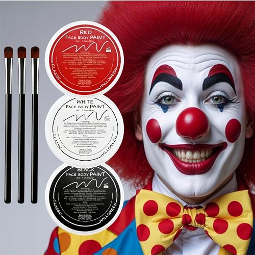 Clown Makeup Kit, White Black Red Face Body Paint Set, Halloween Clown Joker Makeup Kit, Professional Black, White and Red Face Painting Kit