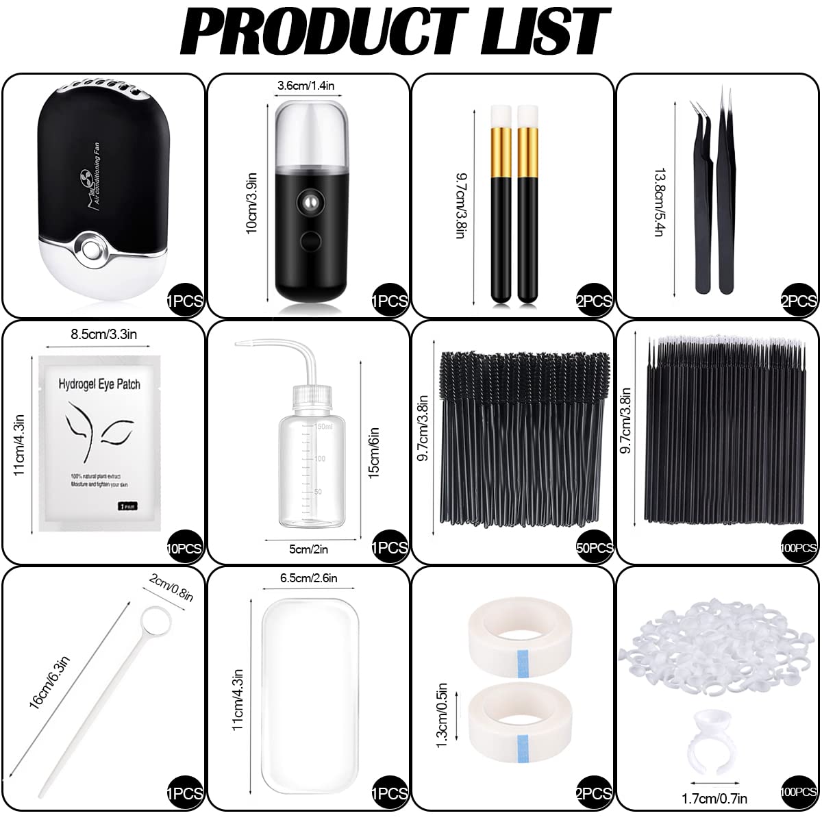 Eyelash Extension Supplies USB Air Conditioning Blower Facial Mister Lash Tweezers Mirror Mascara Brush Lash Shampoo Brush Bottle Silicone Pad Glue