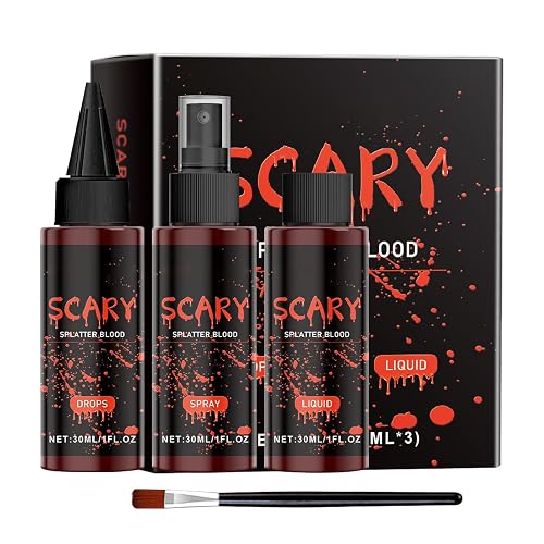 AOYEBO Halloween Fake Blood Kit - 4-Piece Washable Fake Blood Spray with Dropper & Brush for SFX Makeup and Zombie Cosplay