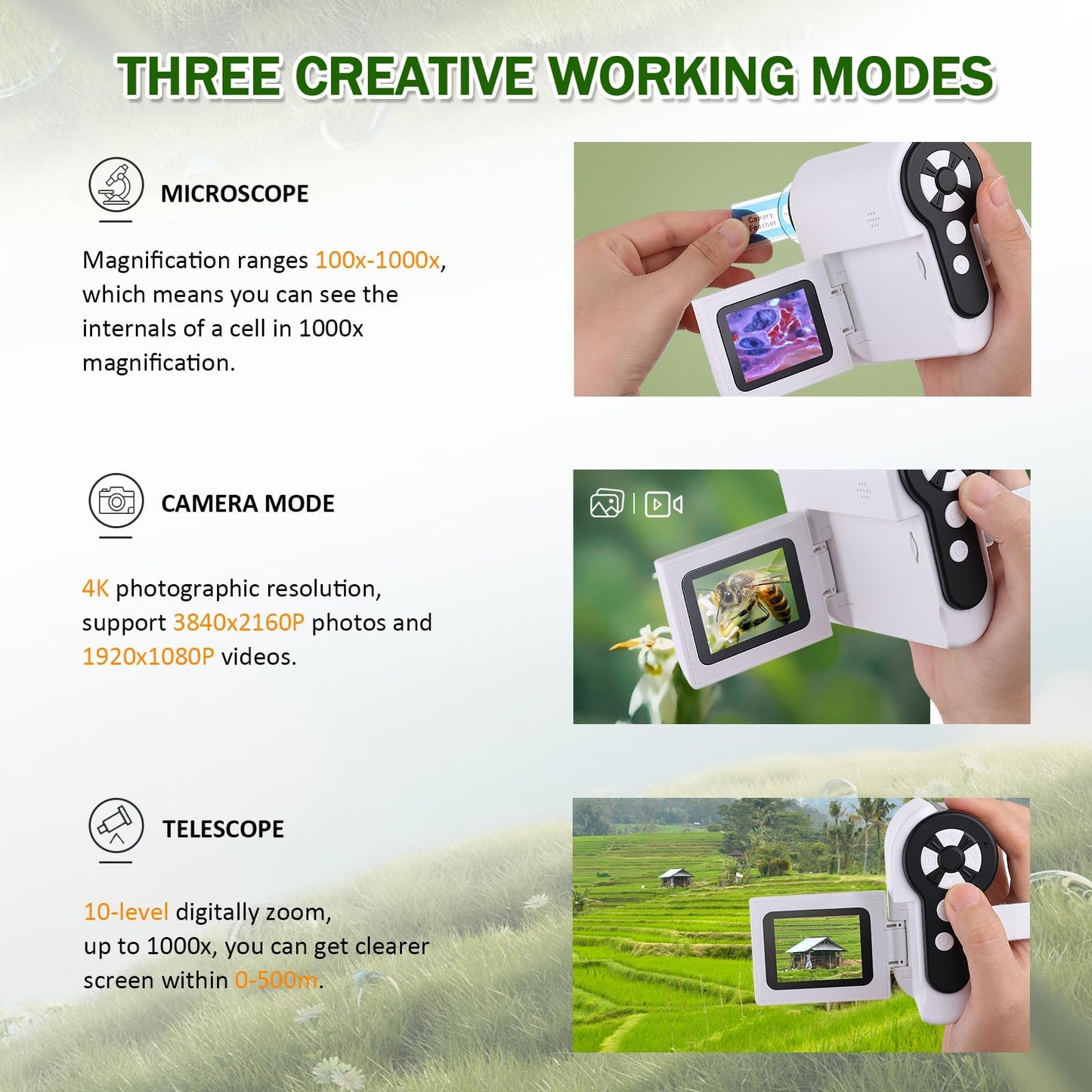 Barchrons 1000X Kids Handheld Microscope โ 4K 2" Screen Pocket Microscope with 6 LED Lights & 32G SD Card, Science Gift Ages 8โ12