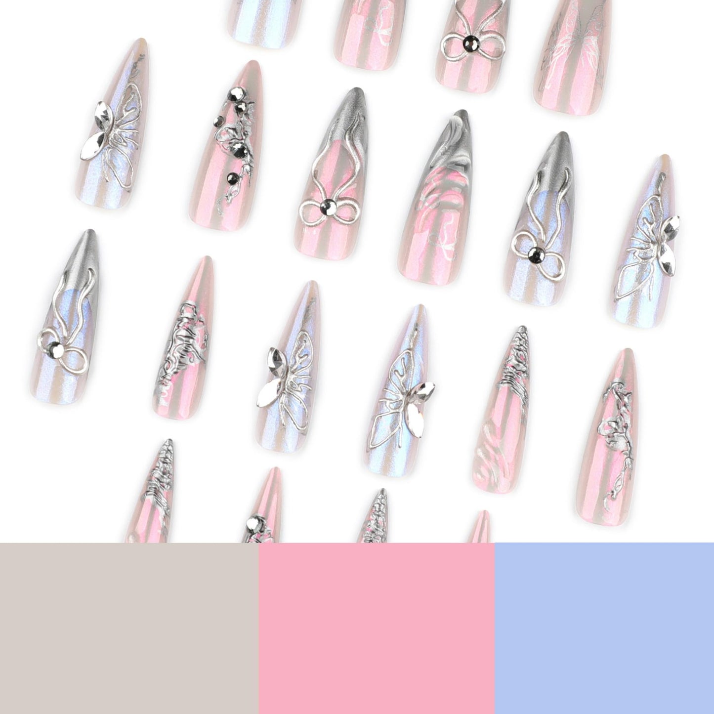 SEENEEY Long Press on Nails Stiletto Fake Nails Silver Artificial Nail Butterfly and Bow Designs Sparkly Stick on Nail for Women 24pcs Beauty and Personal Care SEENEEY