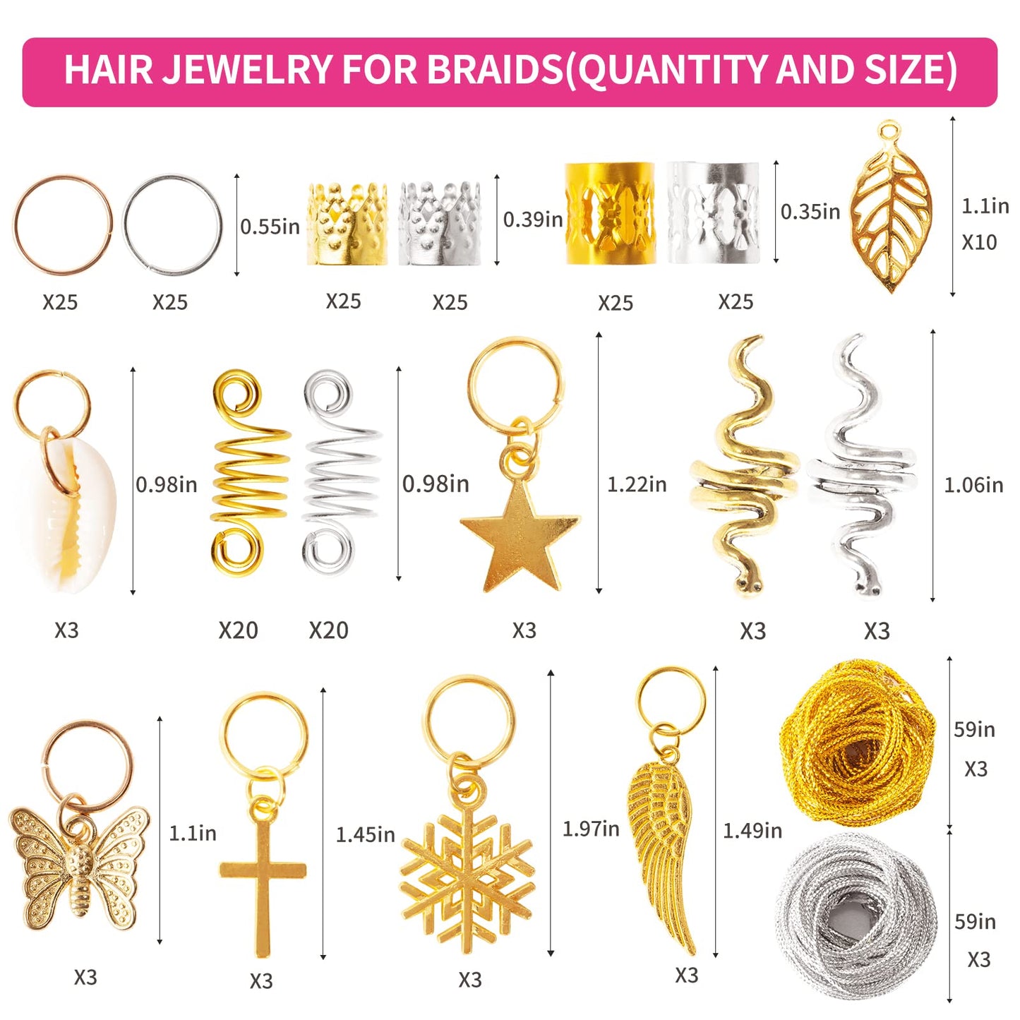 230PCS Hair Jewelry Beads?Dreadlocks Jewels for Women Braids, Gold And Silver Winding Line, Metal Hair Rings Cuffs Clips?Hair Charms Pendants Braid