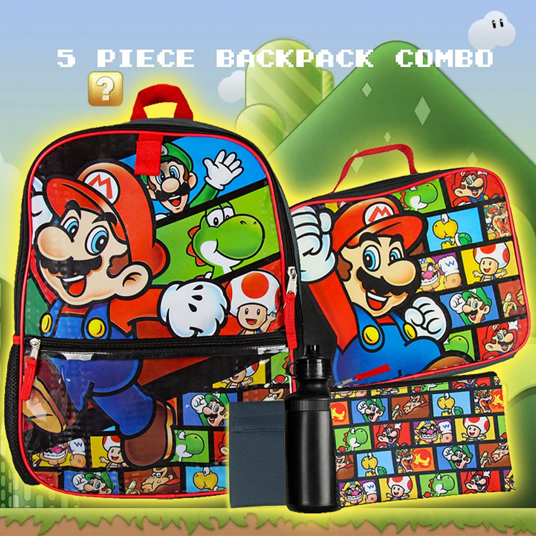 Bioworld Nintendo Backpack Super Mario 5 PC Shimmer Character 16" Lunch Box Combo Set