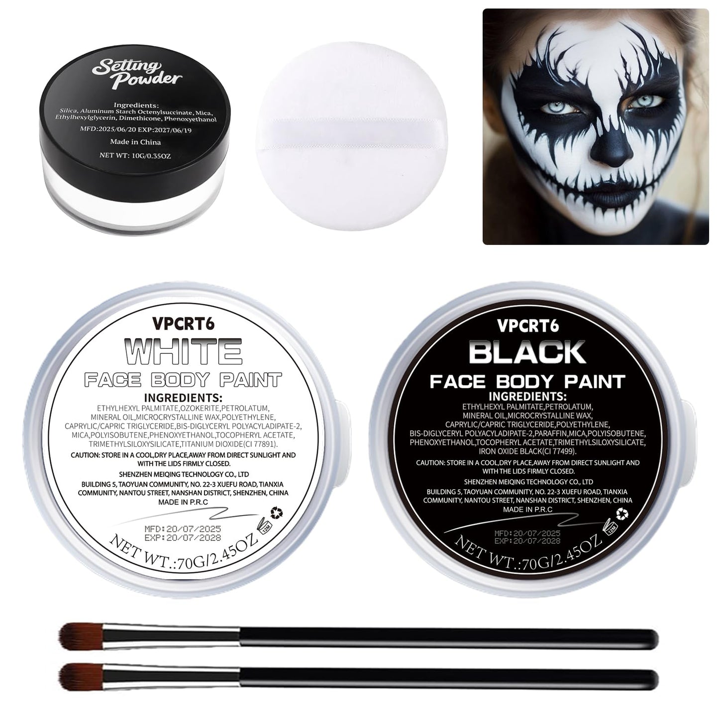 Halloween Black and White Face Body Paint with Setting Powder