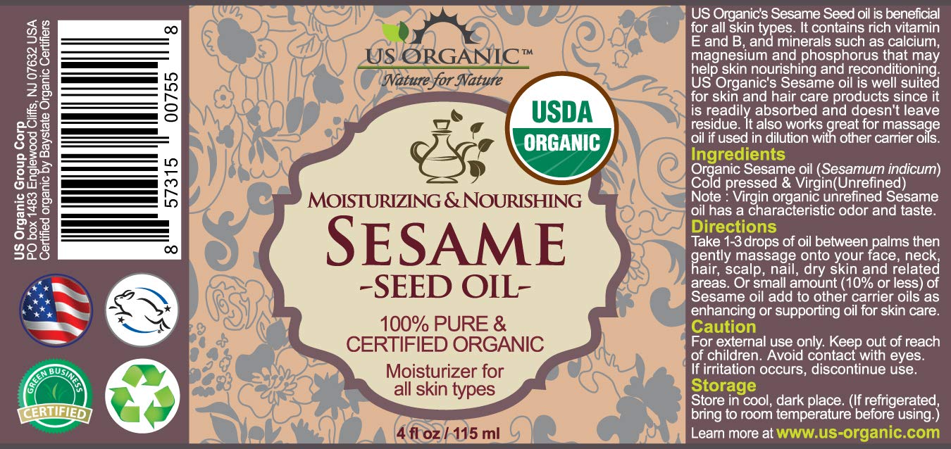 US Organic Sesame Seed Oil, USDA Certified Organic, Untoasted, Unrefined Virgin, 100% Pure & Natural, Cold Pressed, in Amber Glass Bottle w/Glass Eye