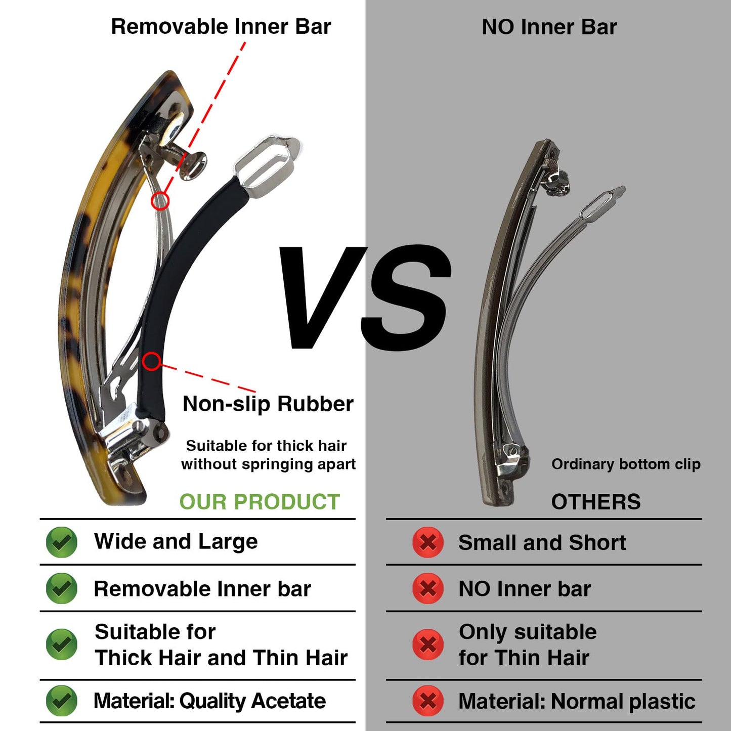 HYFEEL Large French Barrettes for Women Fine Thick Hair, Classic Tortoise Shell Hair Clips Wide Curved Celluloid Ponytail Holder Clamp Fashion Hair