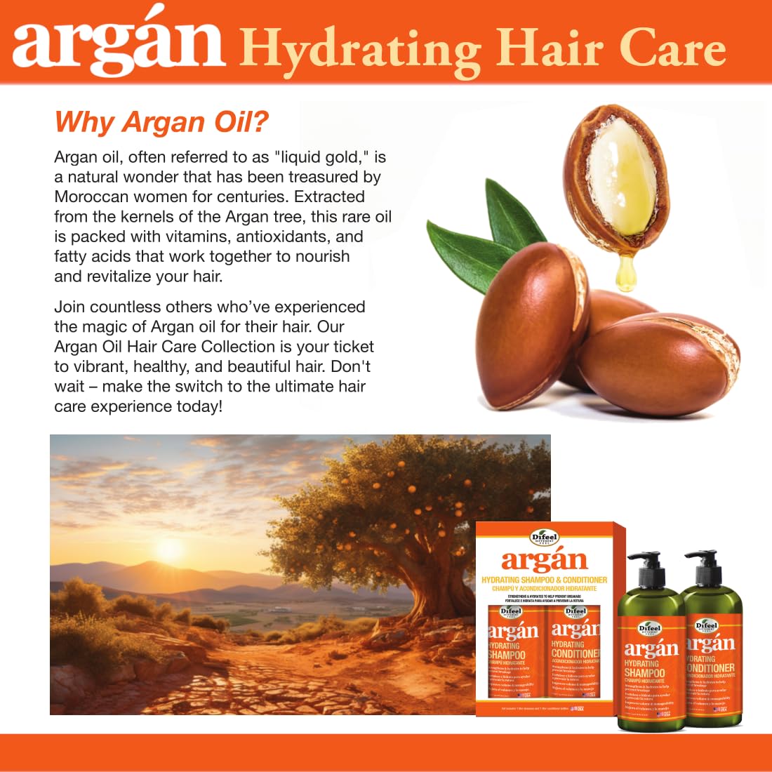 Difeel Argan Hydrating Shampoo & Conditioner Collection - 8 Piece Set, Includes Hair Oil, Mask, Leave in Spray, Travel Size - Sulfate Free, Paraben