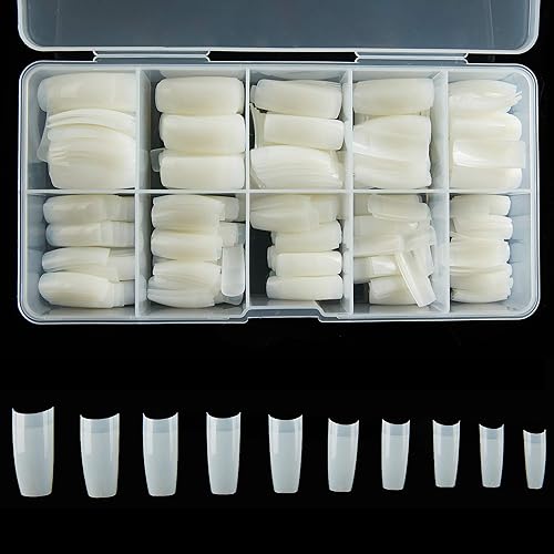French Acrylic False Nail Tips, 500PCS Fake Nail Shape Artificial False Nails Tips 10 Sizes with Case for Nail Art Salons (Natural)
