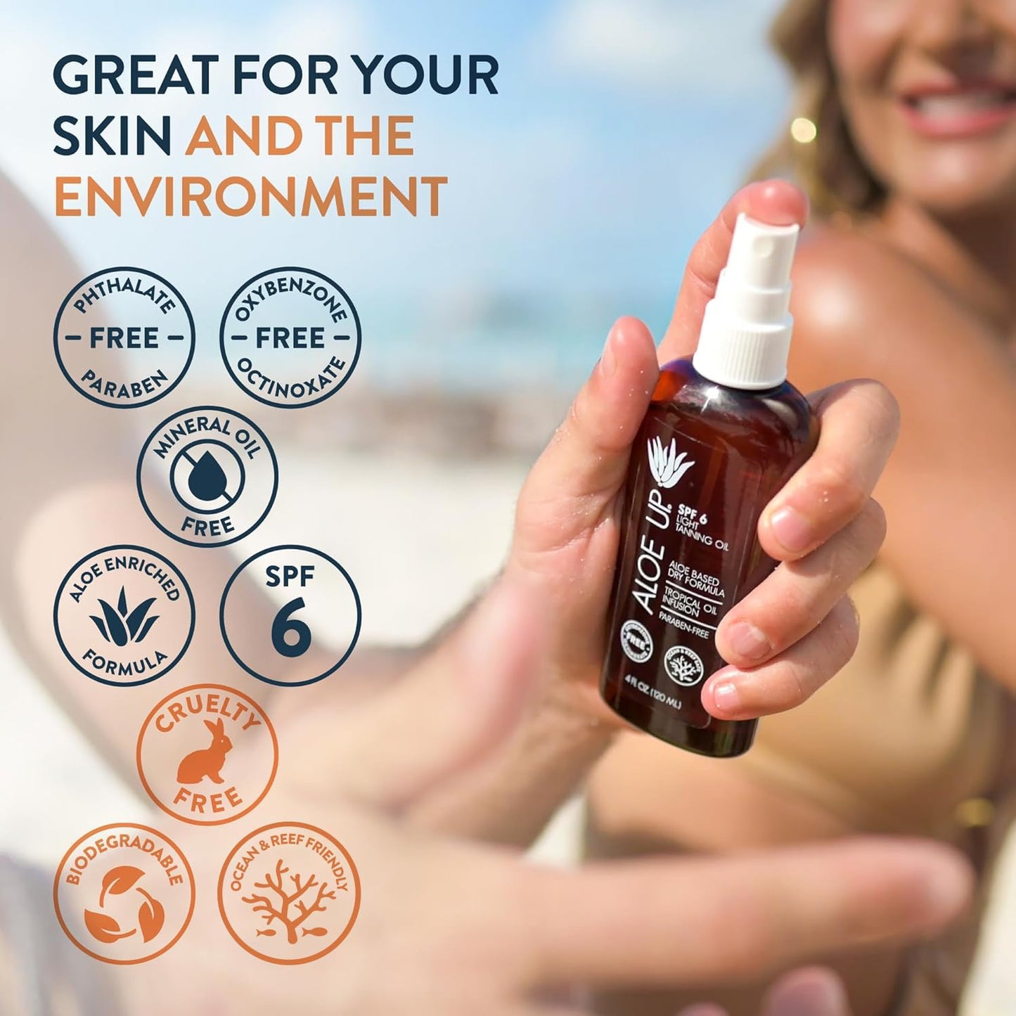Aloe Up Light Tanning Oil With SPF 6 Sunscreen - Body and Face Tanning for Outdoor Sun - With Pure Aloe Vera Oil and Natural Oils - Absorbs Quickly