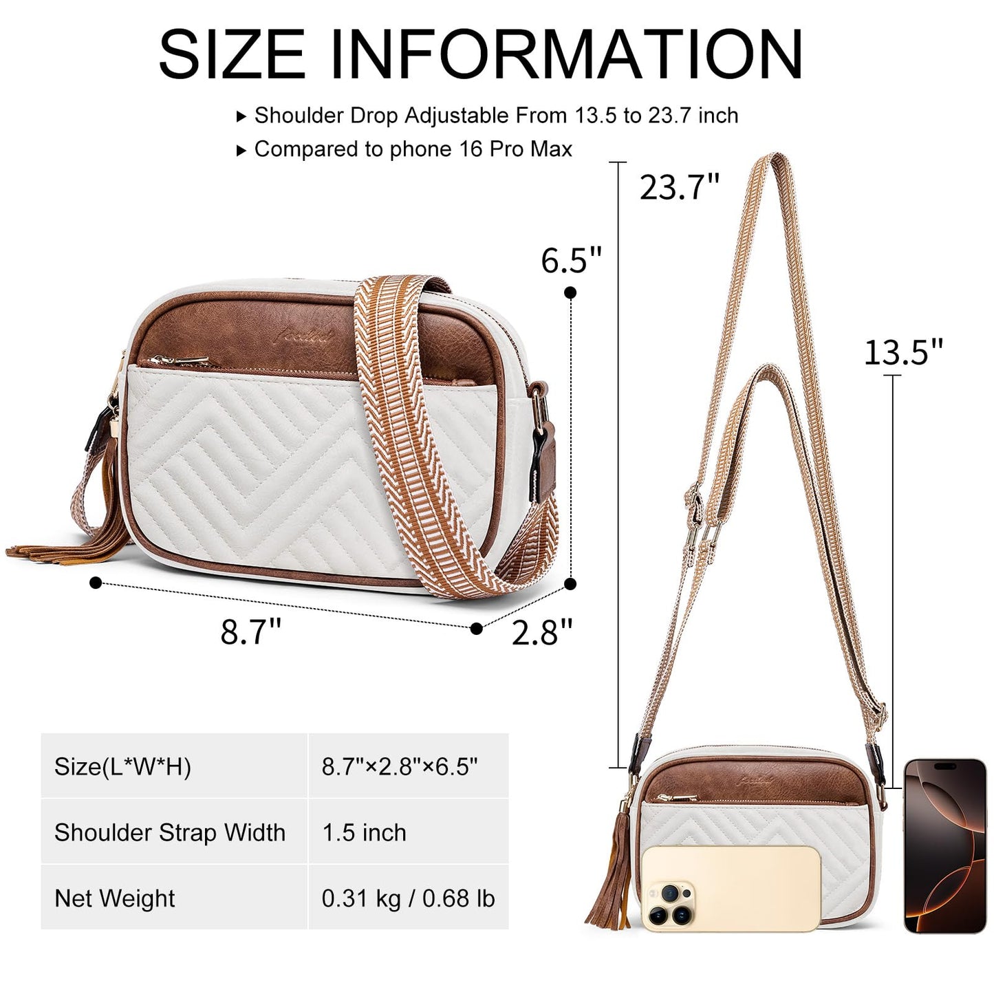 Crossbody Bags for Women Shoulder Handbags: Quilted Wallet Set Vegan Leather Purses with Tassel Adjustable Guitar Wide Strap White-Brown