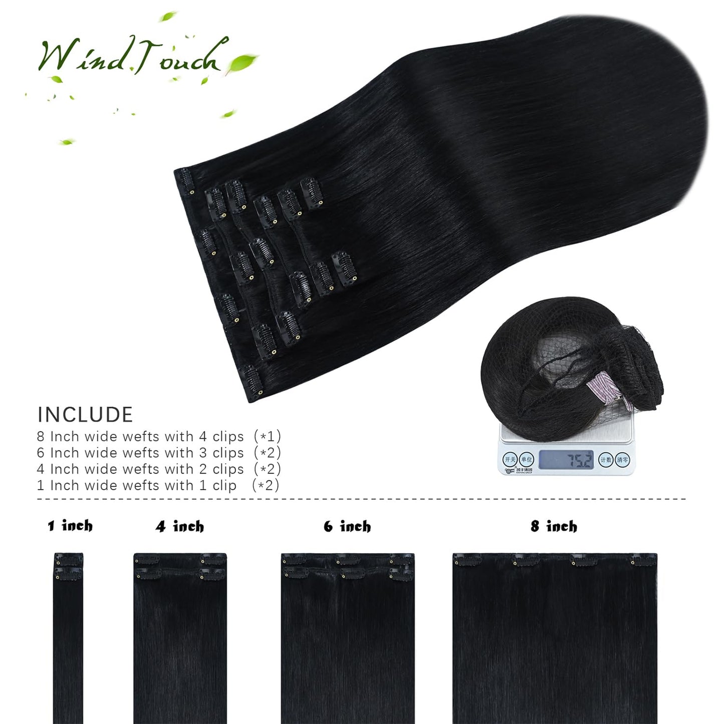 WindTouch Clip in Hair Extensions Real Human Hair 75g 22inch #1 Jet Black Hair Extensions for Women 7PCS
