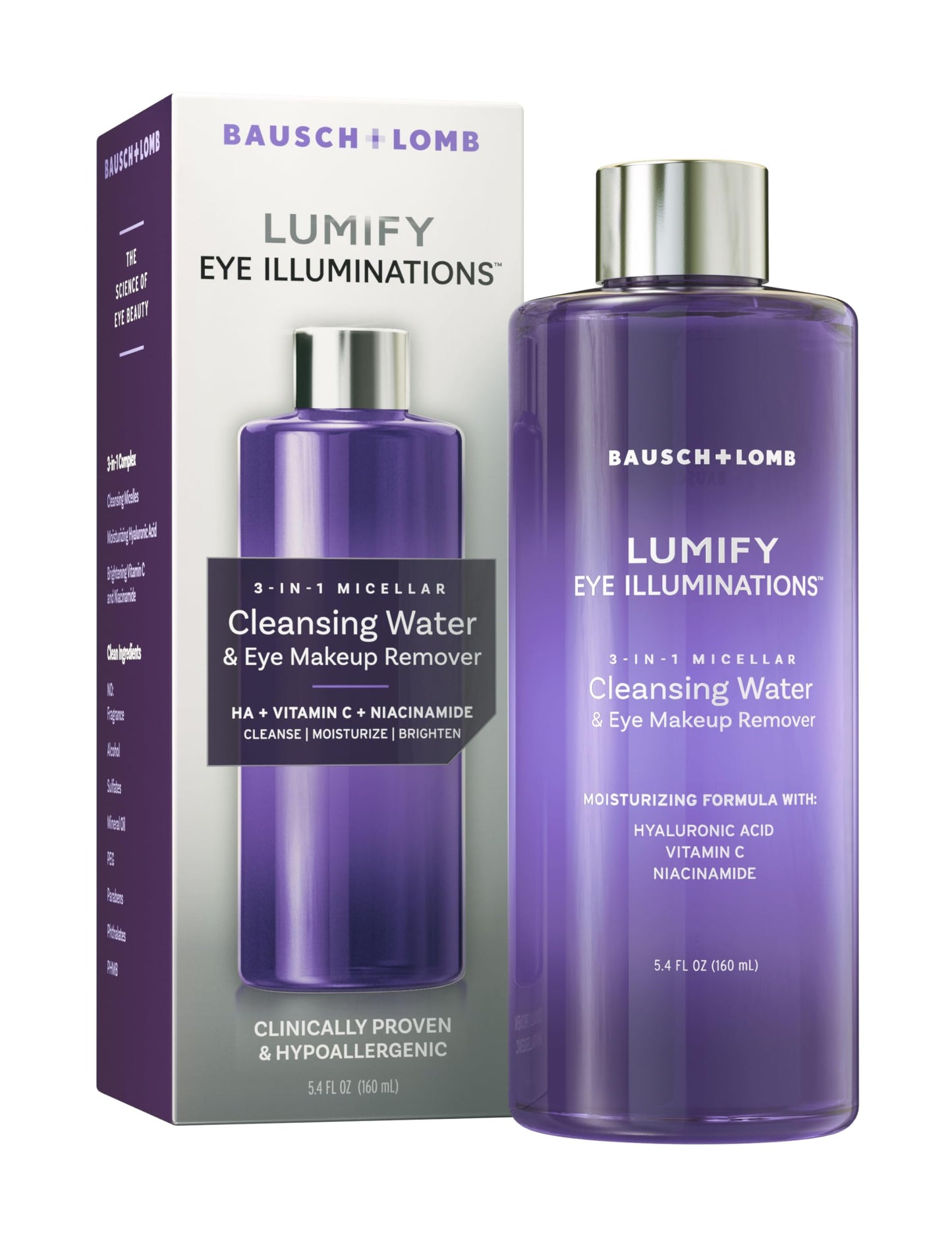 LUMIFY Eye Illuminations Cleansing Water & Eye Makeup Remover, 3-in-1 Micellar Water Contains Hyaluronic Acid, Vitamin C & Niacinamide, 5.4 Oz
