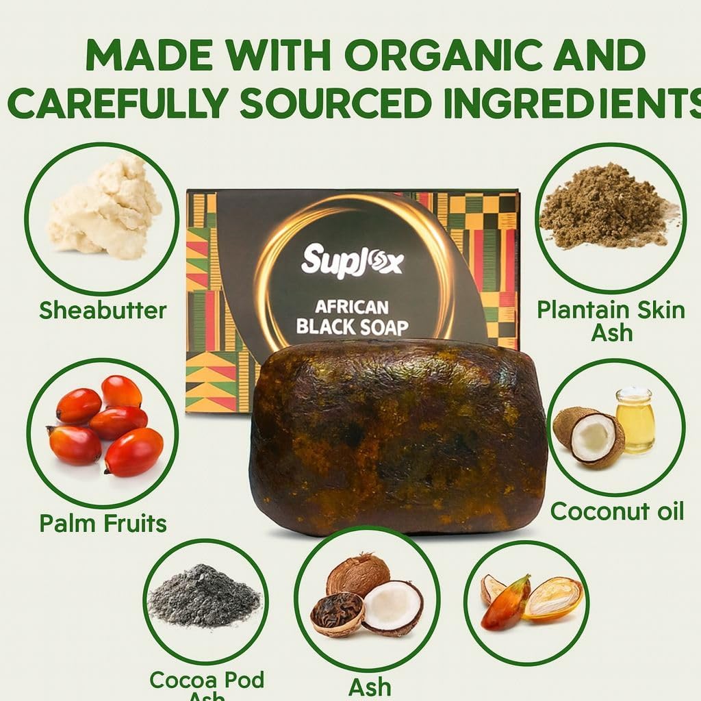 Suplox African Black Soap Bar - African Soap for oily Skin, Ghana Black Face & Body Wash | Face and Body moisturizing cleanser 1 Count. Beauty & Personal Care Suplox