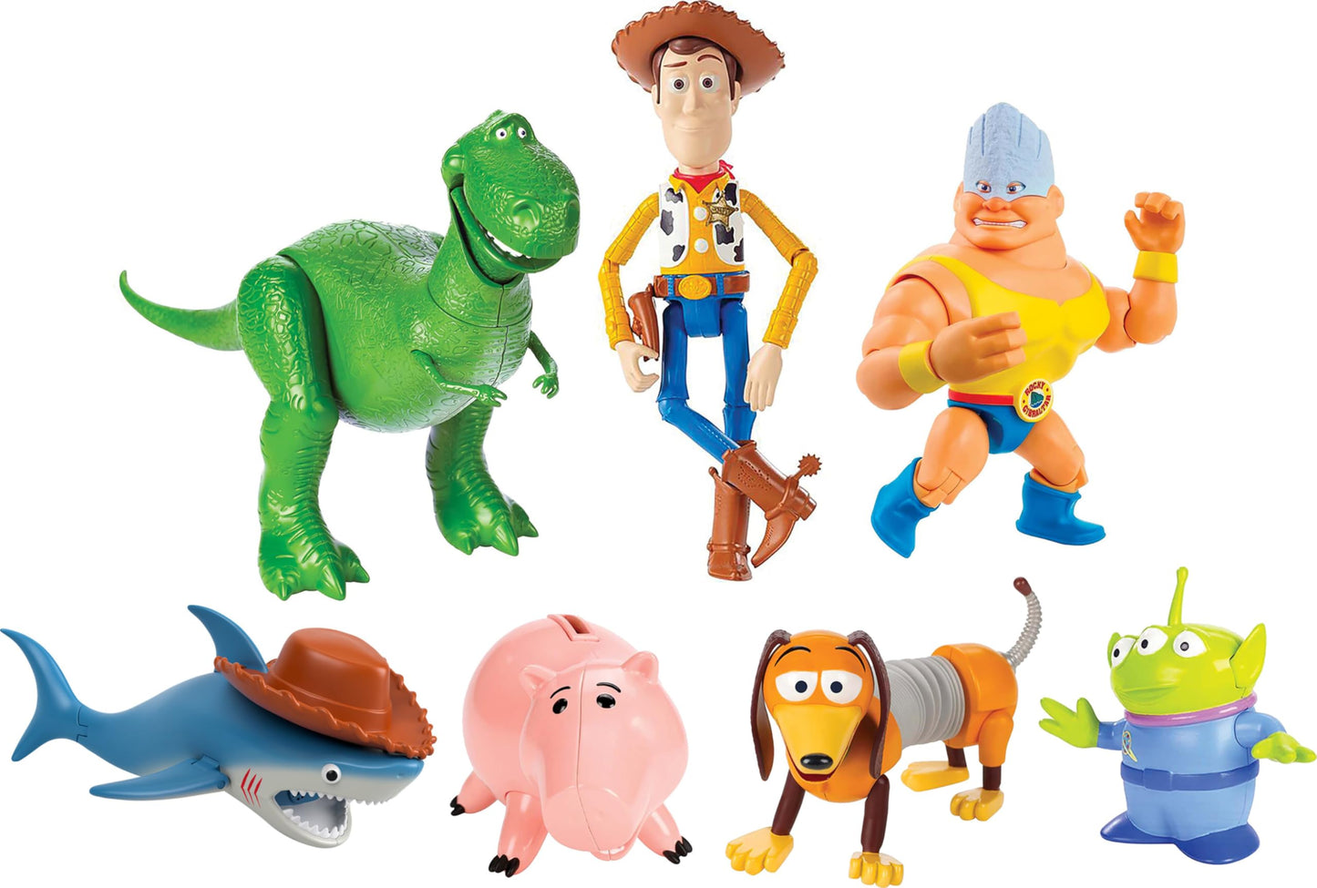 Mattel Disney and Pixar Toy Story Set of 7 Action Figures with Woody, Slinky, Rex, Hamm, Alien, Rocky & Shark, Disney100 Collectible