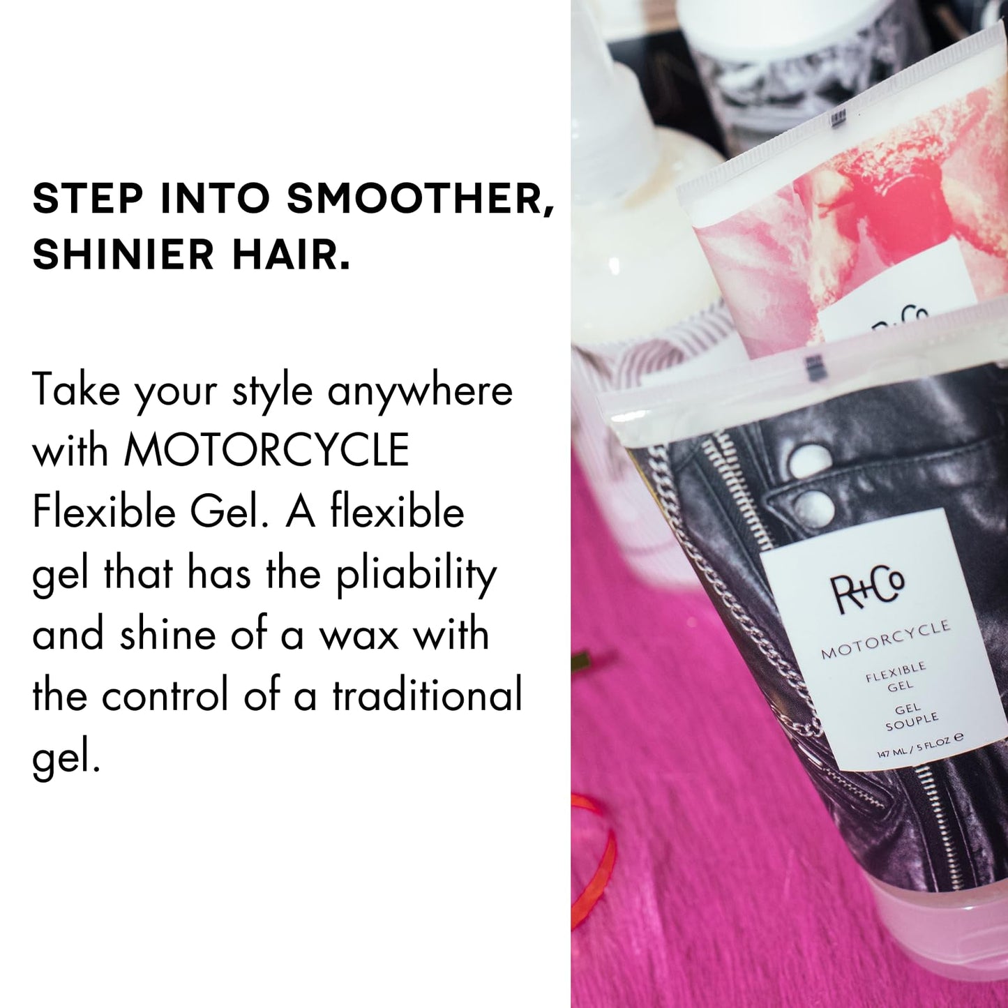 R+Co Motorcycle Flexible Gel - Hybrid Styling Gel with Flexible Hold & Wax-Like Shine - Heat Protectant, Volumizing Gel for Texture, Natural Finish