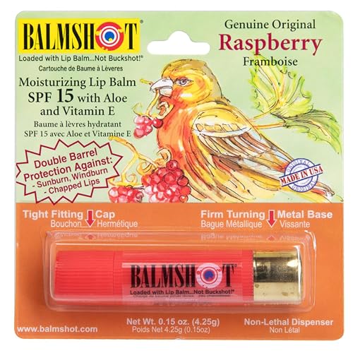 BALMSHOT Raspberry Lip Balm SPF 15 - Beeswax Chapstick for Dry Chapped Lips, 20-Gauge Brass Shotgun Shell Tube, Heat Resistant, Long Lasting Lip
