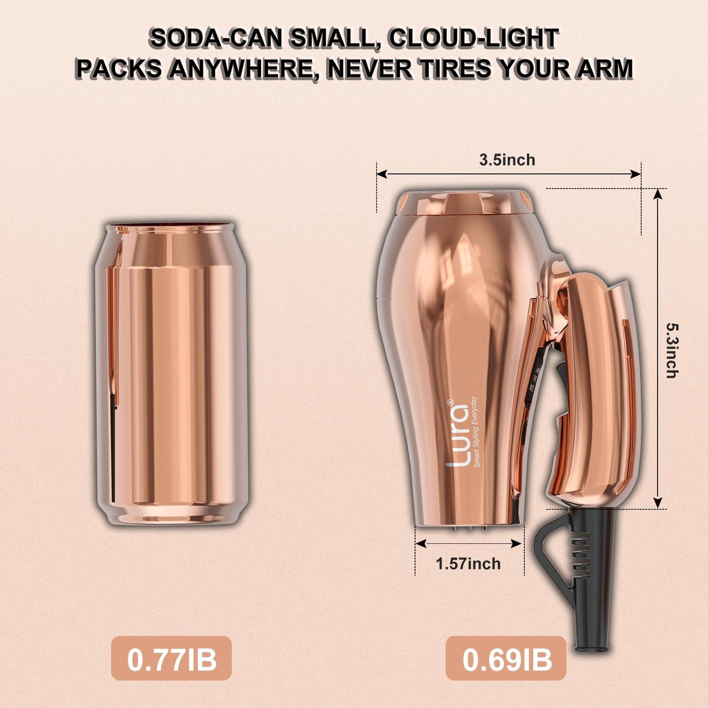 LURA Mini Portable Travel Hair Dryer:Dual Voltage Small Lightweight Blow Dryer with EU Plug,1200W Compact Hairdryer with Folding Handle,with