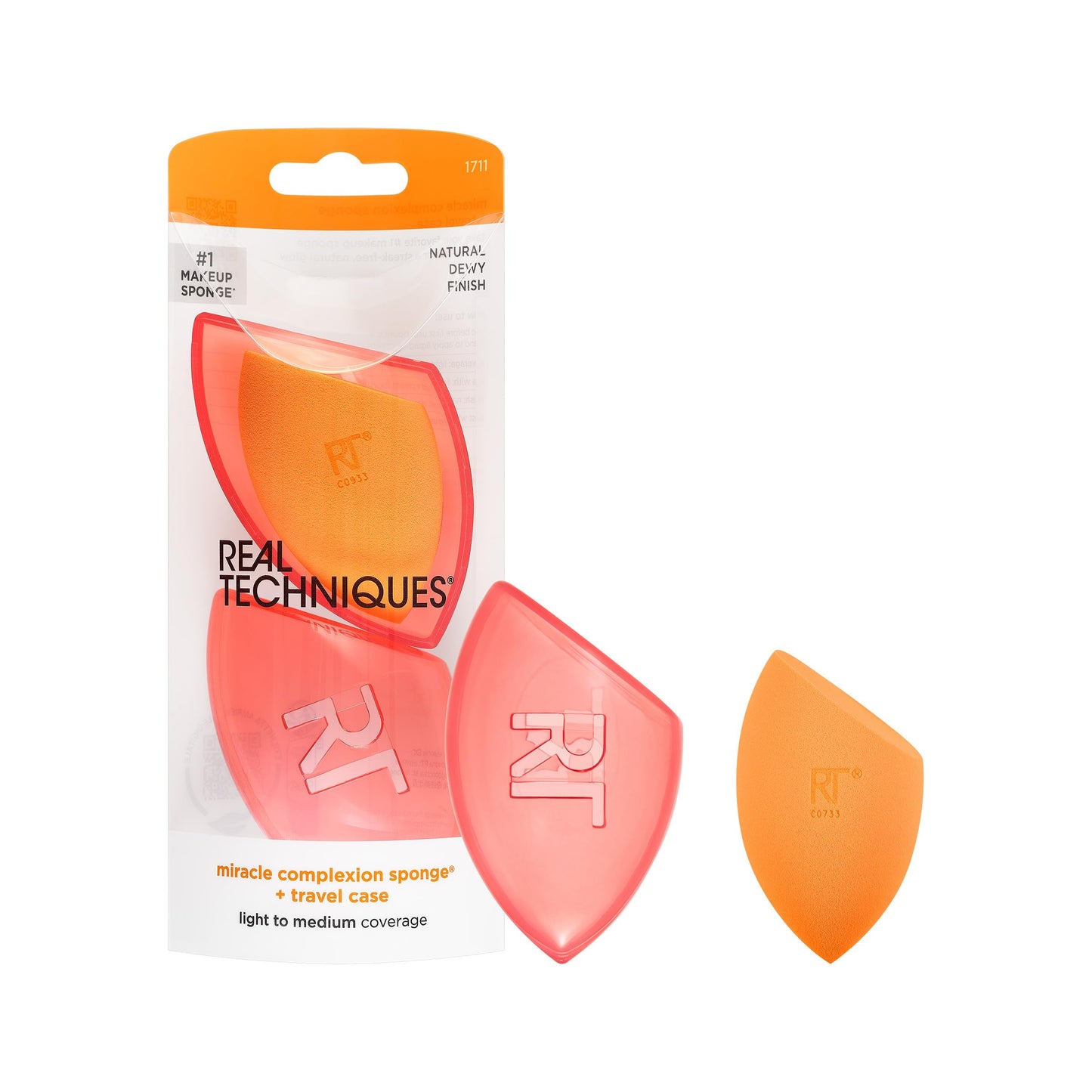 Real Techniques Miracle Complexion Sponge + Travel Case, Makeup Blending Sponge, For Foundation, Sponge Case for Travel, Light To Medium Coverage