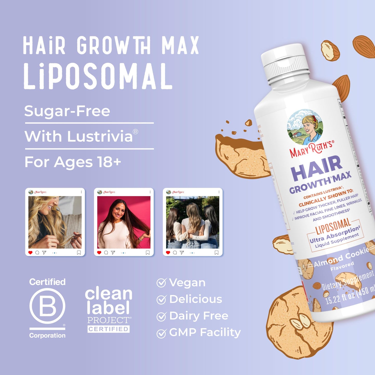 MaryRuth Organics Women's Hair Growth MAX Liposomal | with Lustriva® + Biotin 10000mcg + Pumpkin Seed Oil | Thicker Hair | Hair Care