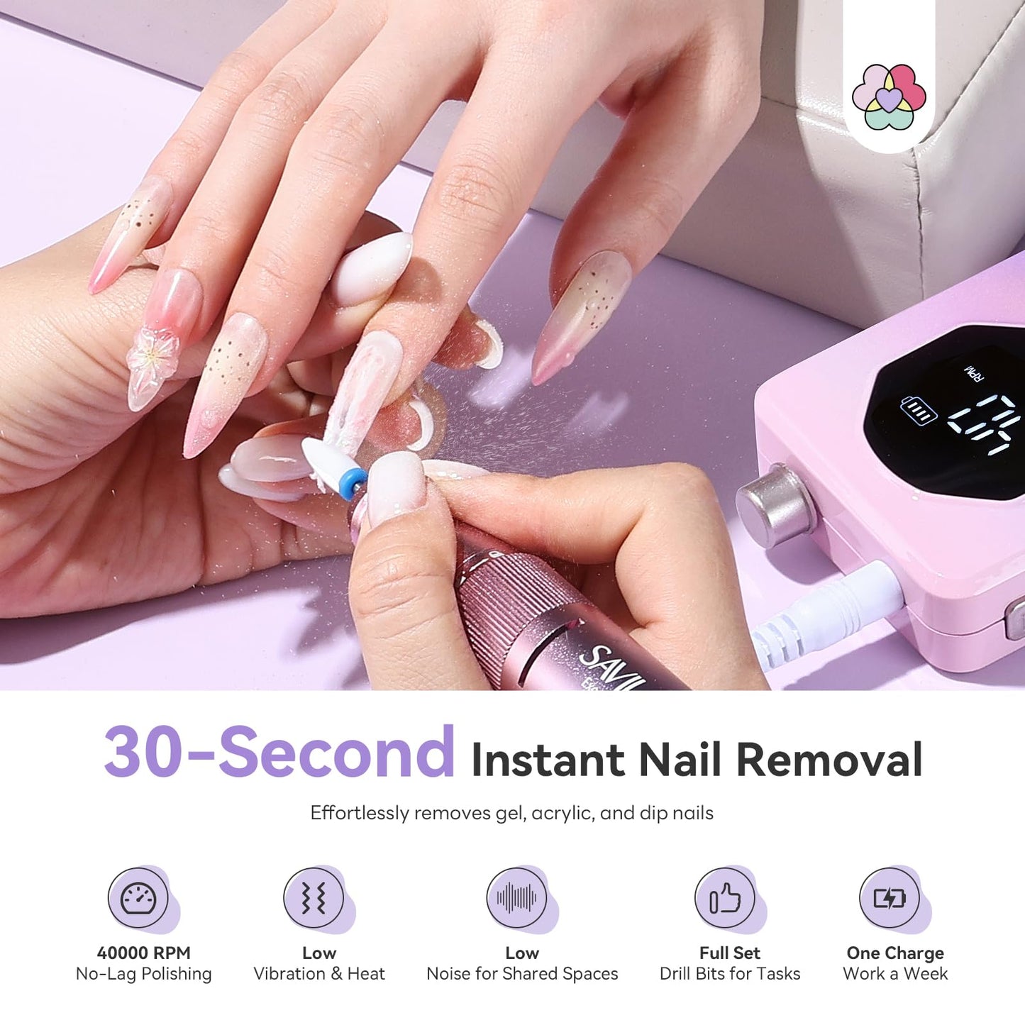 SAVILAND 2026 Nail Drill Professional: 40000RPM Electric Nail Drill 30S Fast Removal for Acrylic Nails Low Noise Electric Nail File Long-Lasting Beauty and Personal Care SAVILAND