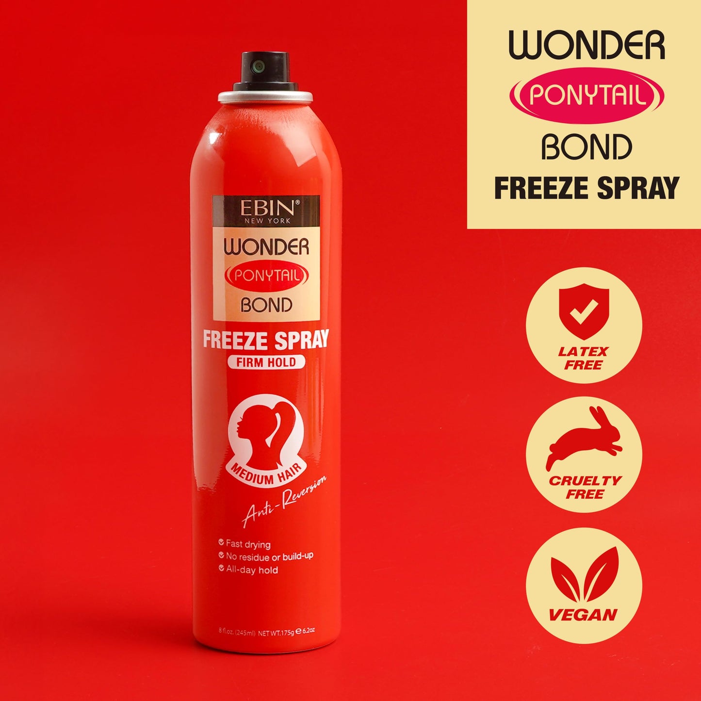 EBIN NEW YORK Wonder Ponytail Bond Freeze Spray Firm Hold - Medium Hair 8oz/ 245ml |Long Lasting Hold, 24-Hour Frizz Control, Shine Enhancing