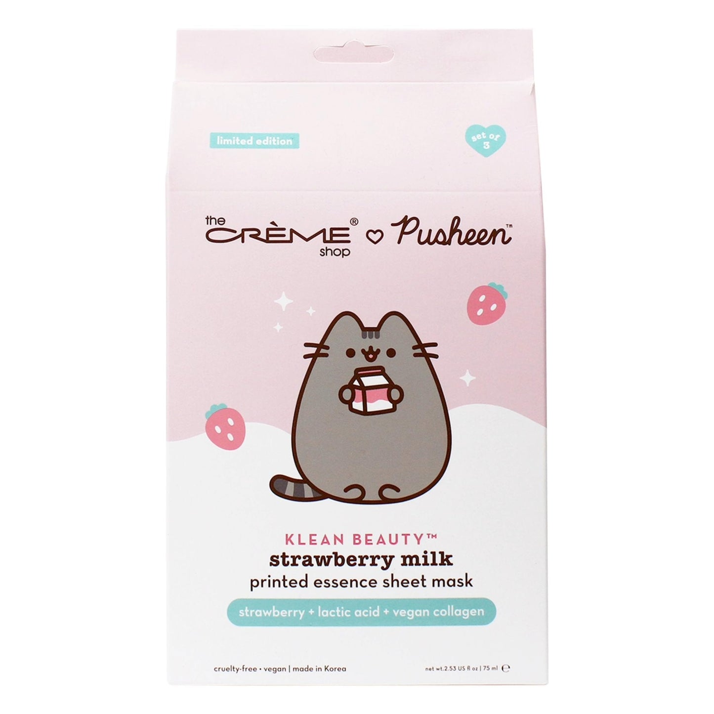 The Crème Shop x Pusheen Printed Essence Sheet Mask - Formulated with Collagen, Lactic Acid, and Strawberry for Glowing, Moisturized Skin (Strawberry