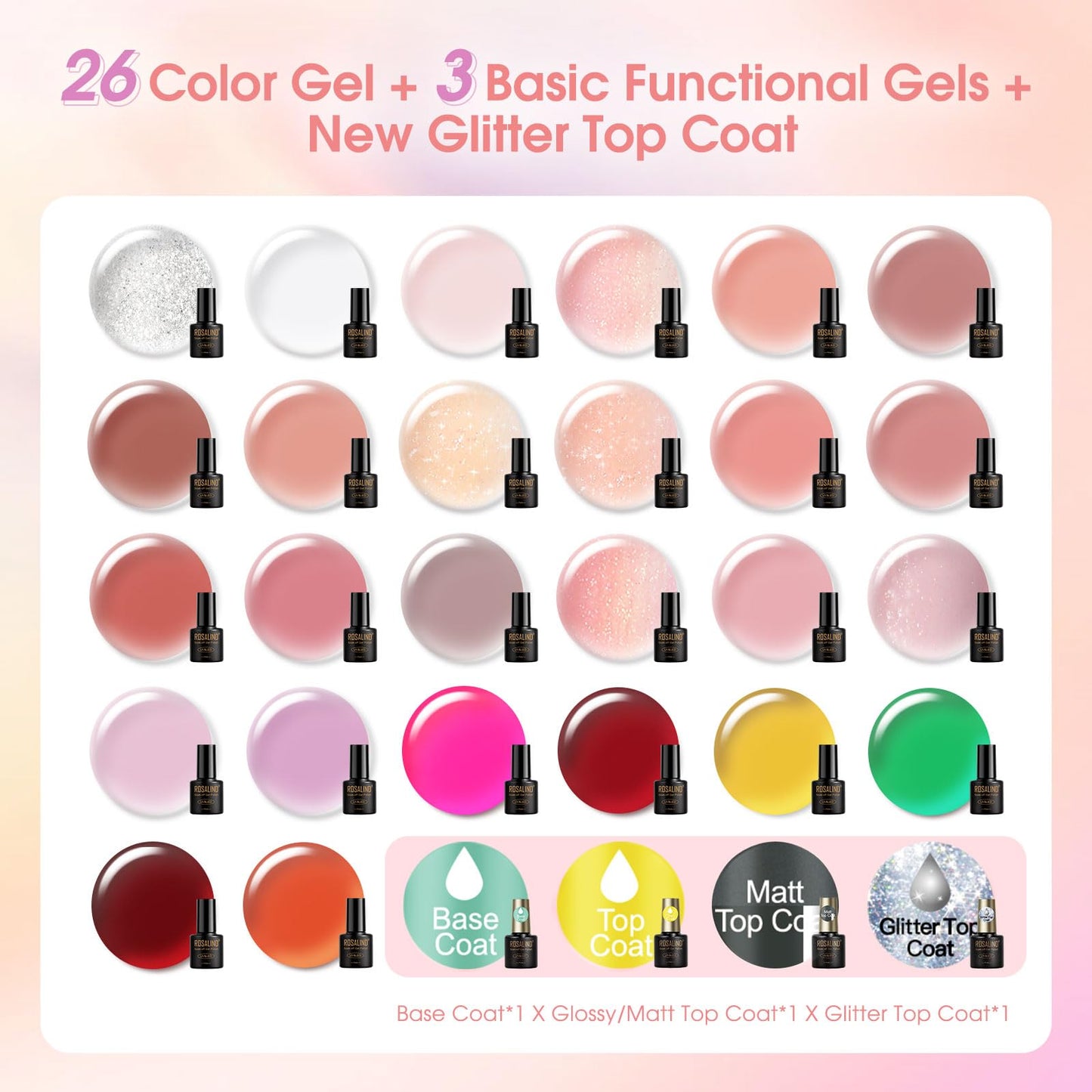 ROSALIND 30pcs Jelly Gel Polish Set, 26 Colors Translucent Nude Pink Neon Gel Nail Polish Set with Sheer Matte Glossy Glitter Effects for Nails Beauty and Personal Care ROSALIND
