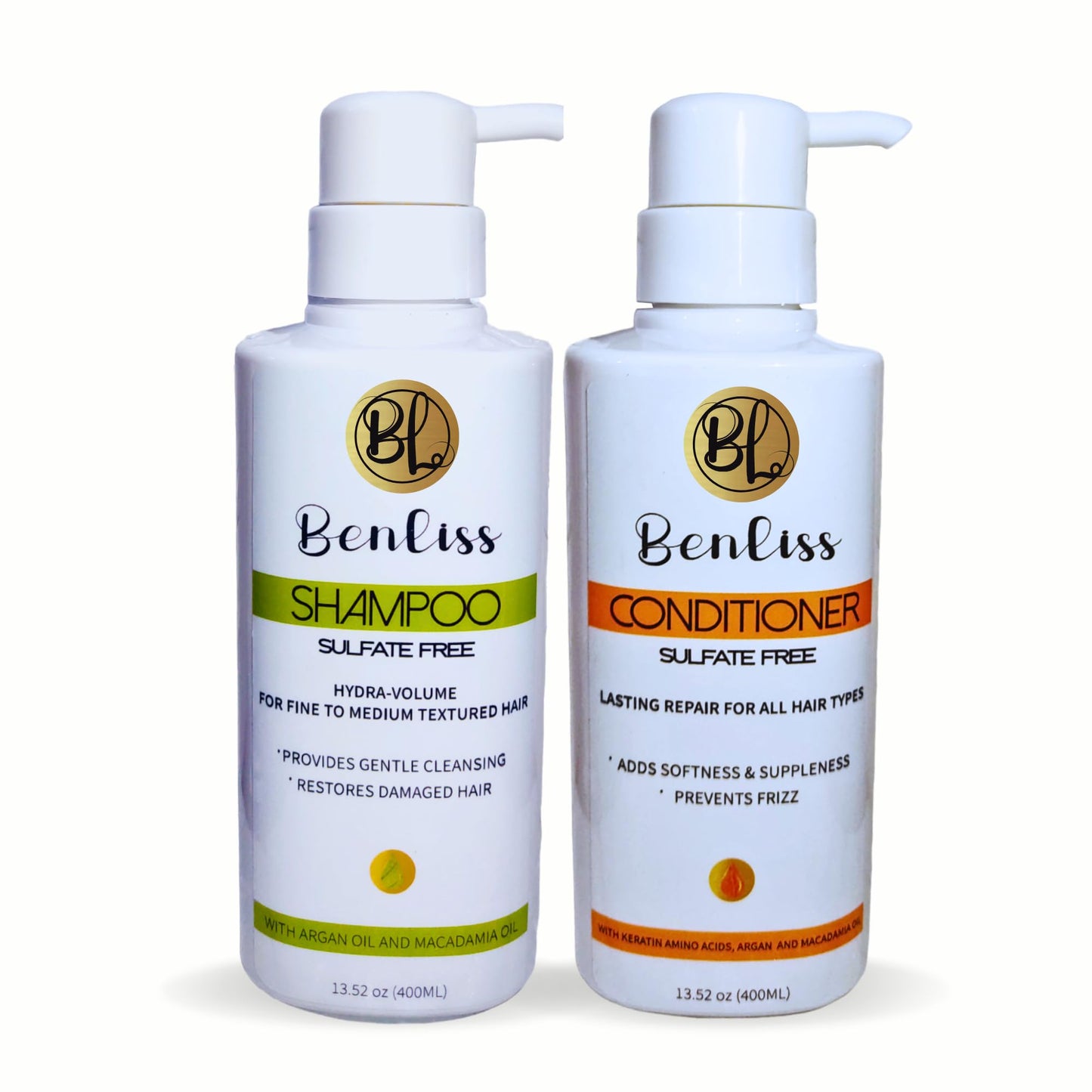 Benliss Shampoo and Conditioner Set With Argan and Macadamia Oil- Sulfate Free - For Straight, Curly, Frizzy, Dry - Hair Repair for Damaged Hair