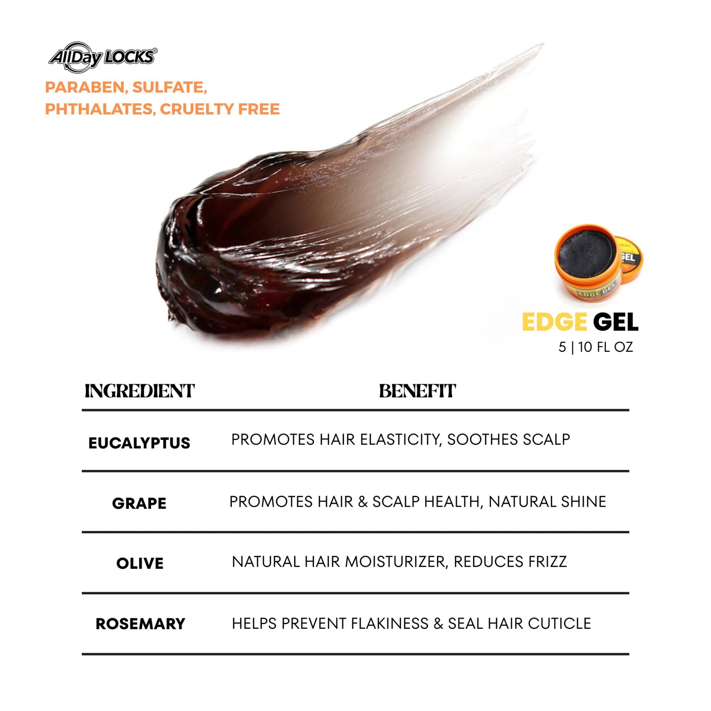 AllDay Locks Edge Gel (5 oz) | Extreme Hold, Moisturizing Edge Control Smoother | Eucalyptus, Rosemary, Olive Oil | No Frizz, Flakes, or Grease |