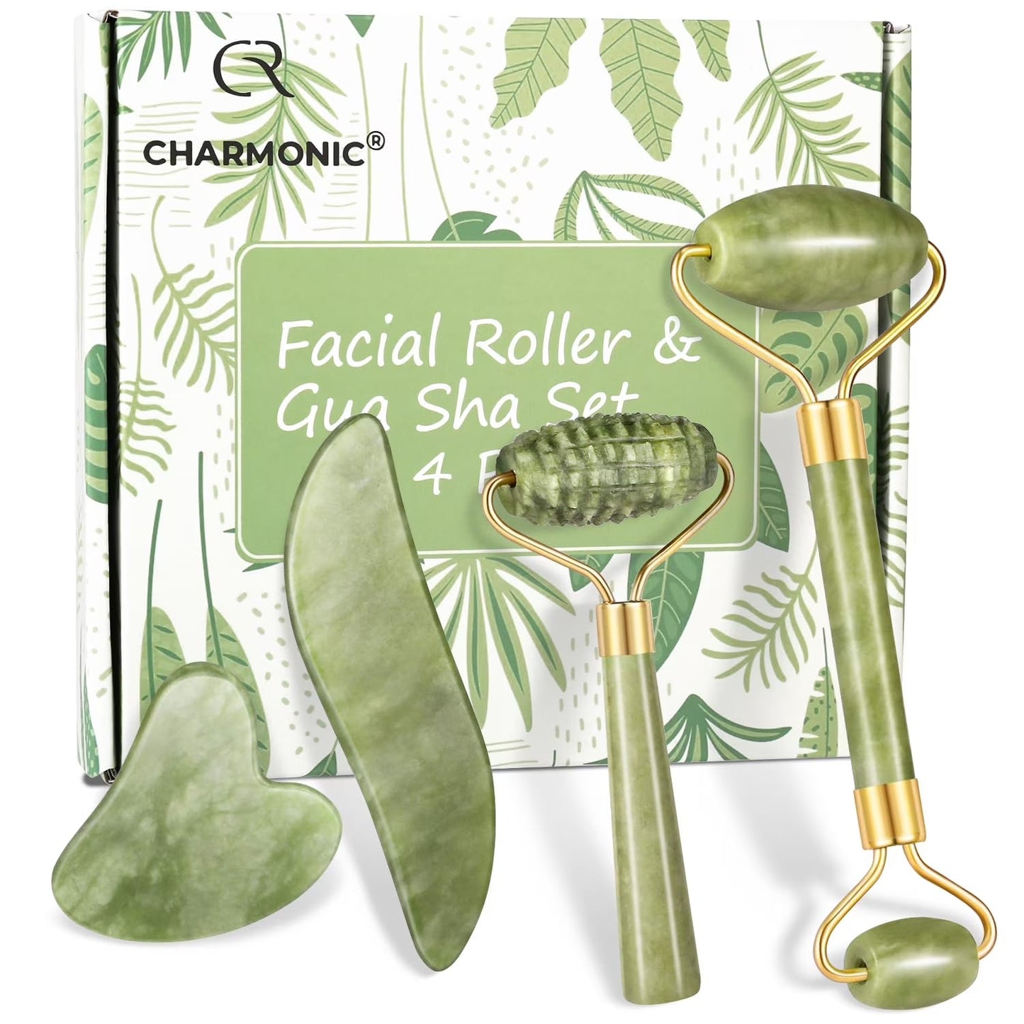 4-pcs Jade Roller & Gua Sha Set, Facial Roller Massager with Gua Sha Scraping Tool, Jade Stone Massager for Anti-aging, Slimming & Firming, Rejuvenate