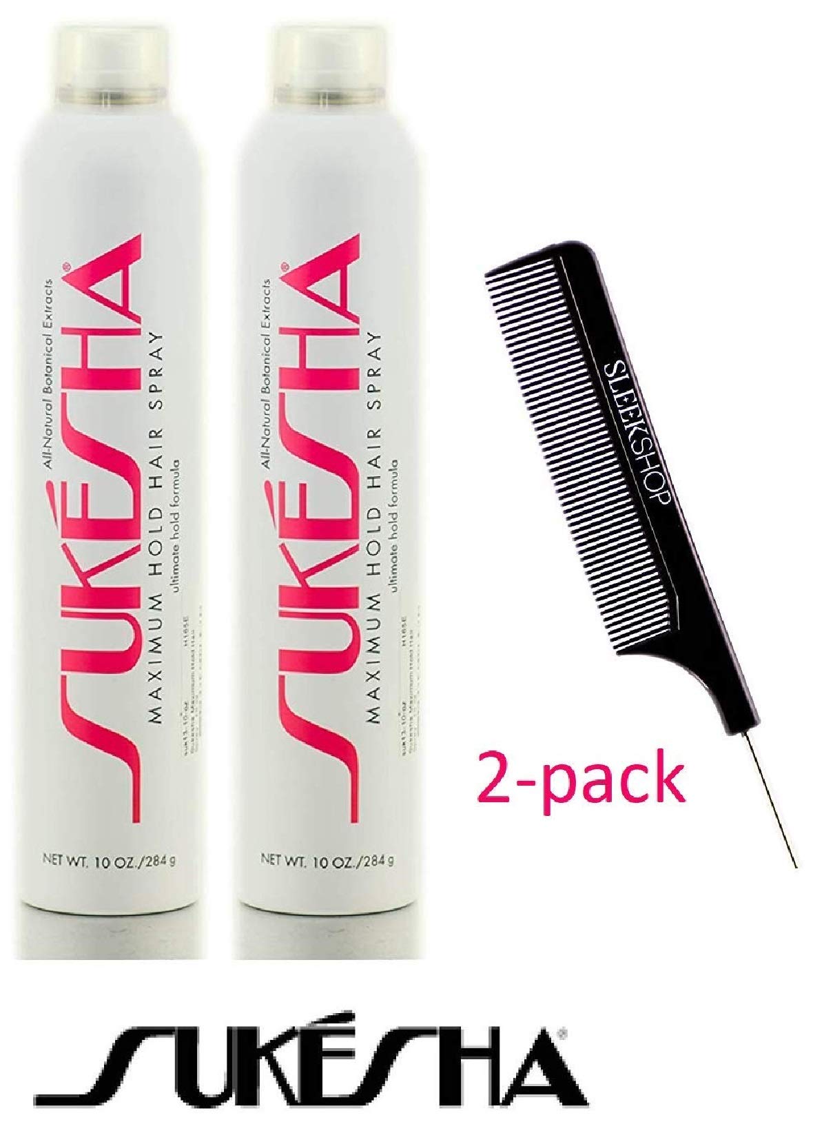 Sukesha Maximum Hold Hair Spray, ultimate hold aerosol formula (with Sleek Steel Pin Tail Comb) (10 oz / 284 gram - pack of 2)