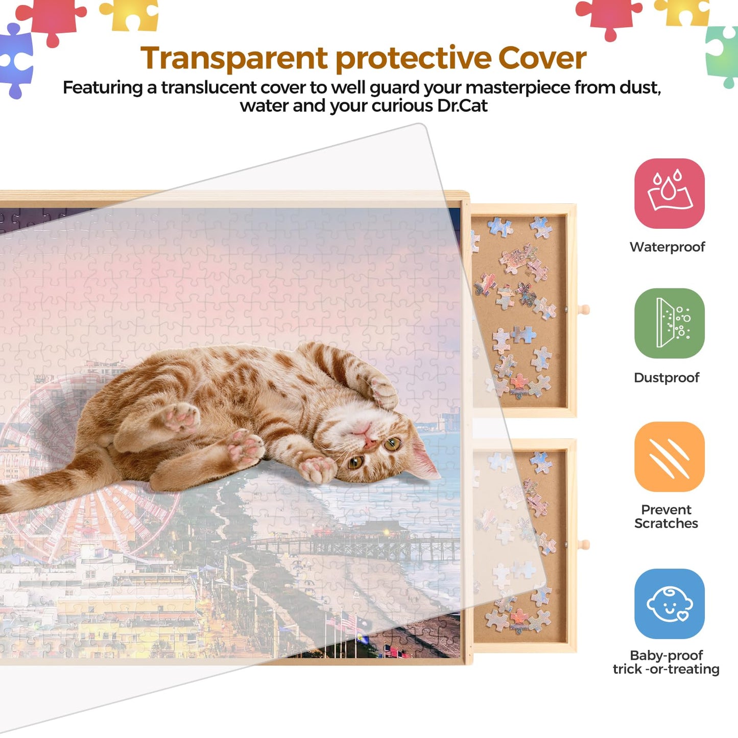 Panana Puzzle Locker 1000 Piece Rotating Board – 30"x22" Wooden Puzzle Table with 4 Drawers & Cover, Portable Lazy Susan Jigsaw Gift