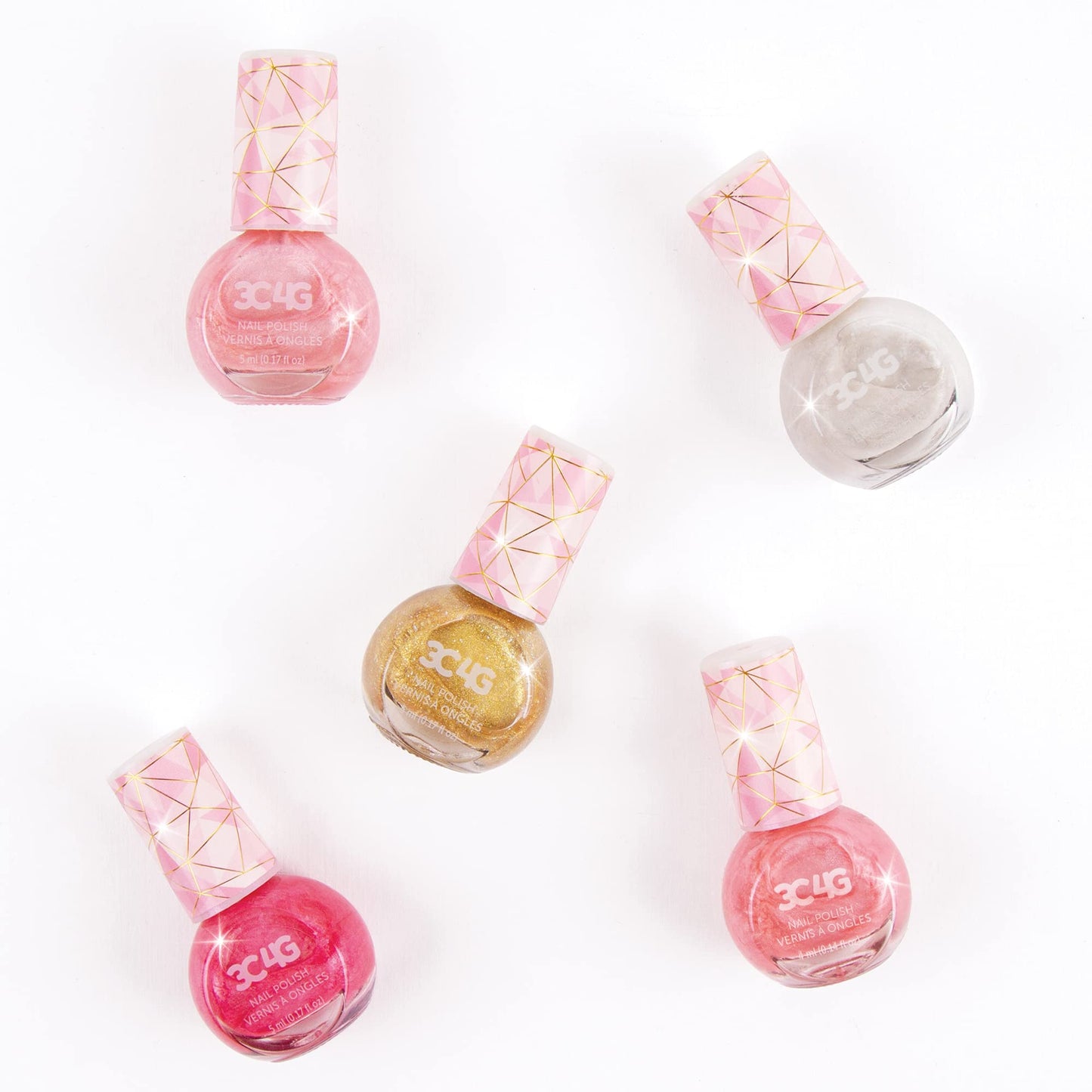 3C4G Pink and Gold Hexagon 5 Pack Nail Polish - Shimmer Nail Polish Set for Girls & Teens - Includes 5 Colors - Non-Toxic Nail Polish Kit for Kids