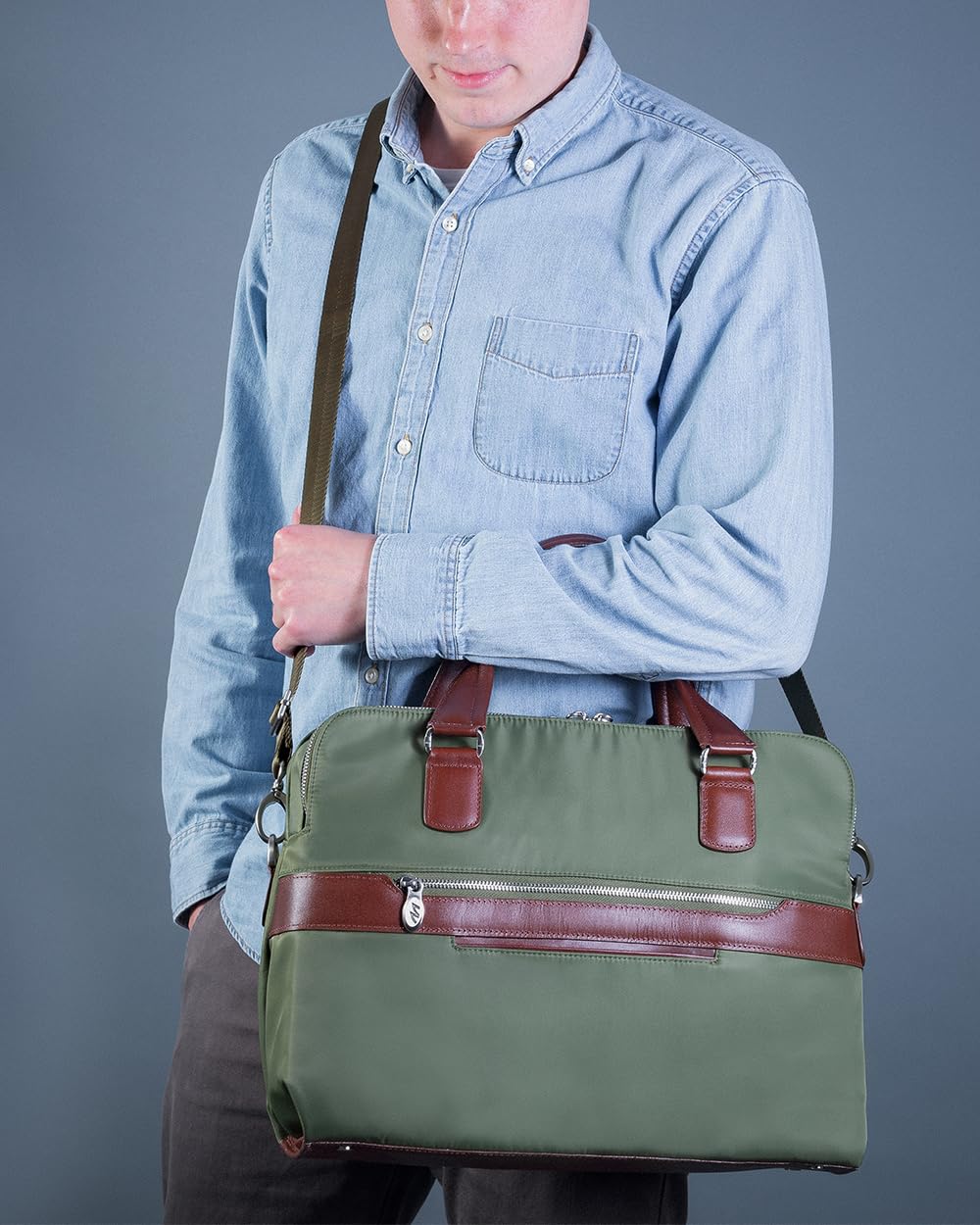 McKleinUSA N Series Hartford Nano Tech-Light Nylon with Leather Trim Nylon Dual Compartment Briefcase Green (18581) One Size