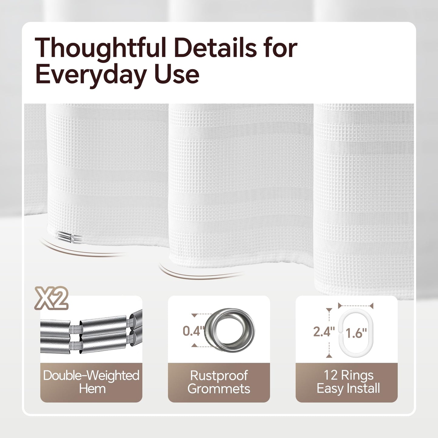 TURKIO White Waffle Shower Curtain, Waffle Weave Striped Shower Curtain Hotel Luxury White Fabric Shower Curtains for Bathroom