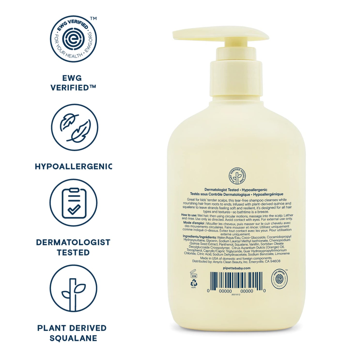 Pipette Daily Nourishing Shampoo - Tear Free Shampoo for Kids, Adds Moisture, 100% Plant-Derived Squalane and Quinoa, Orange + Vanilla Aroma, 11.2 fl