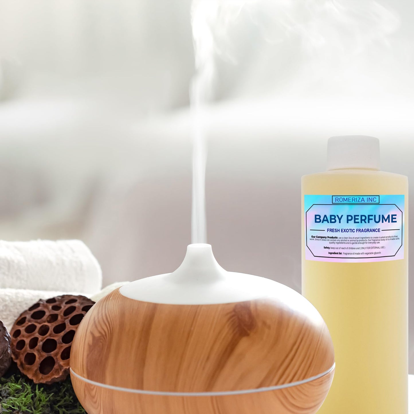 ROMERIZA INC. 4 Fl Oz Baby Perfume Fragrance Body Oil - Luxury Unisex Baby Oil Perfume with Long Lasting Baby Powder Scent, Uncut Perfume Oil, Scented