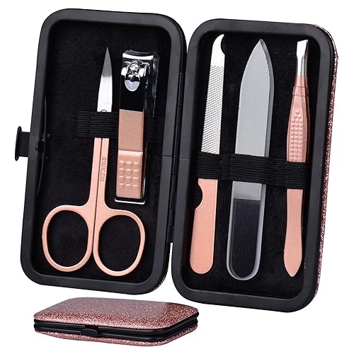 HANTEKAS Manicure Set Nail Clippers Kit 5 Pieces in 1 Stainless Steel Professional Grooming Nail Care Tools Including Nano Glass Nail Shiner Buffer