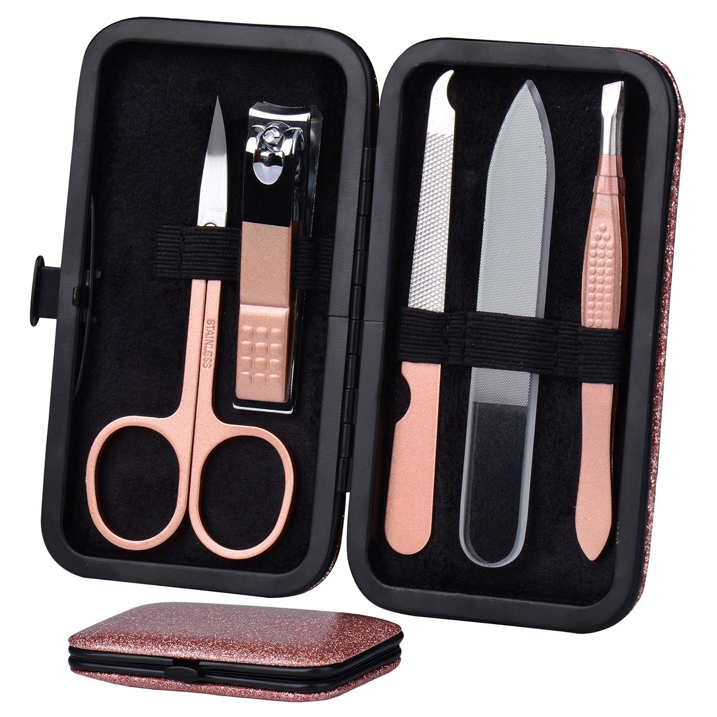 HANTEKAS Manicure Set Nail Clippers Kit 5 Pieces in 1 Stainless Steel Professional Grooming Nail Care Tools Including Nano Glass Nail Shiner Buffer