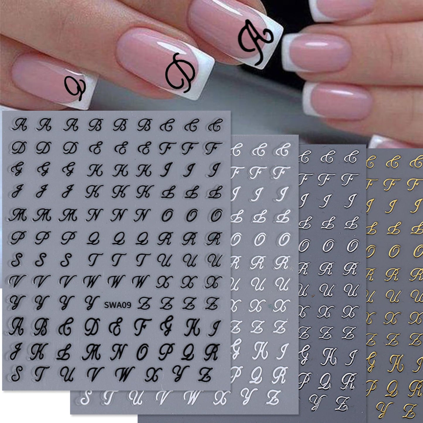 Letters Nail Art Stickers Decals 12 Sheets Alphabet Initial Nail Decals 3D Self-Adhesive White Black Gold Old English Gothic Letter Sticker for Nails Beauty and Personal Care STZPRONAIL