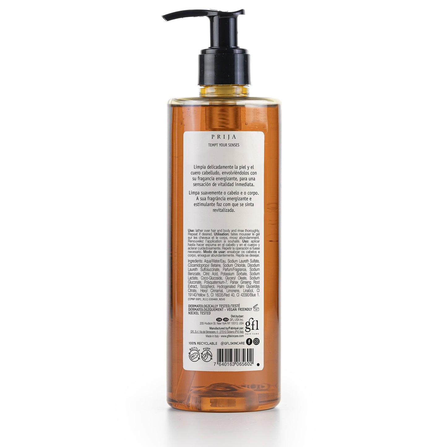 Prija Vitalizing Shower Gel & Shampoo with Ginseng (12.84 fl oz) - Toning and Revitalizing - Vegan Friendly - Dermatologically Tested - Made with 100%