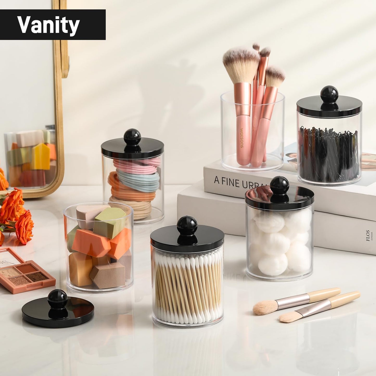 4 Pack Acrylic Qtip Holder Dispenser for Cotton Swabs, Balls, Pads, Floss - Plastic Canister Apothecary Jar Set, Bathroom Essentials Accessories Decor Beauty and Personal Care AOZITA