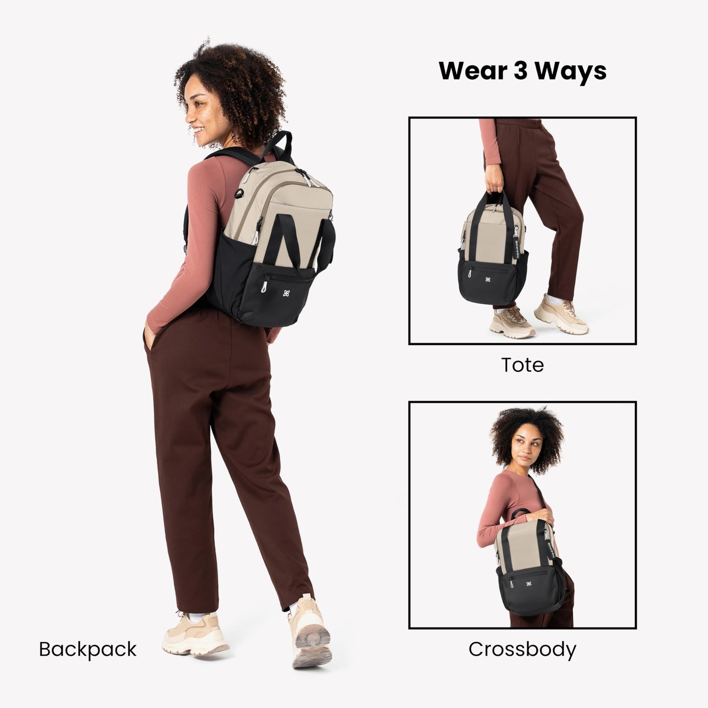 Sherpani Camden, Convertible Backpack, 3 in 1 Tote Bag, 18L Travel Backpack, Crossbody Bag for Women, Cross Body Purse, Travel Gifts, RFID Protection, Fits 13” Laptop (Con Leche)